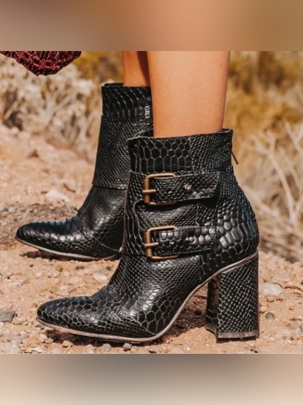 Freebird Joey Black Snake Leather Buckle Booties Size 6 NIB